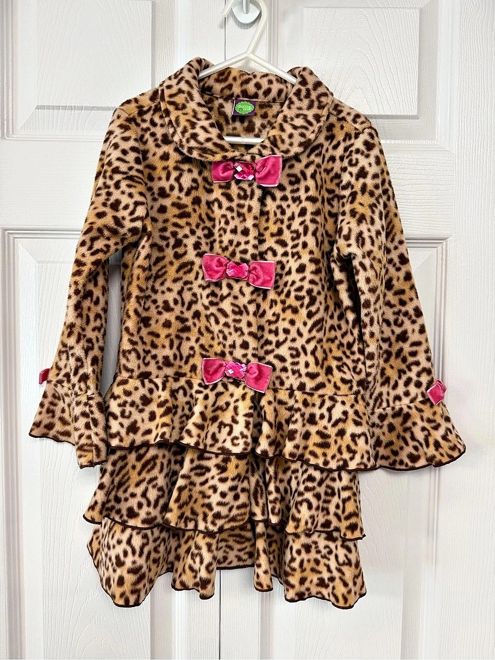 dollie & me Girls Leopard Print Coat with Velcro Bow Closures and Bows on Each S